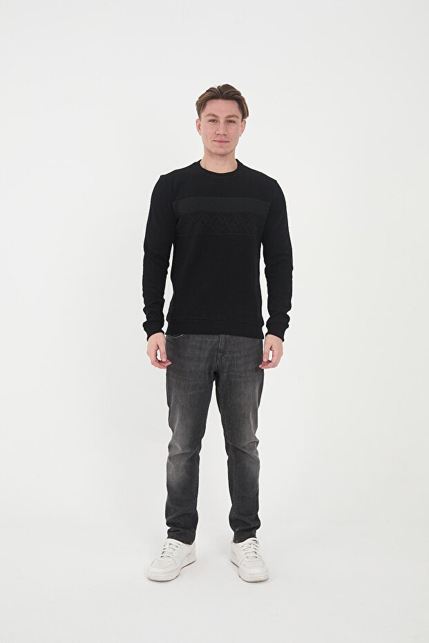 Black Long Basic Sweatshirt - Crew Neck, Patterned - 3