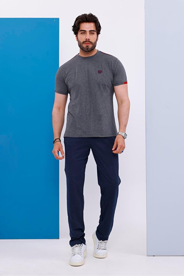 Men's Oversize Size Gray Crew Neck T-Shirt Bottom-Top Set - 130