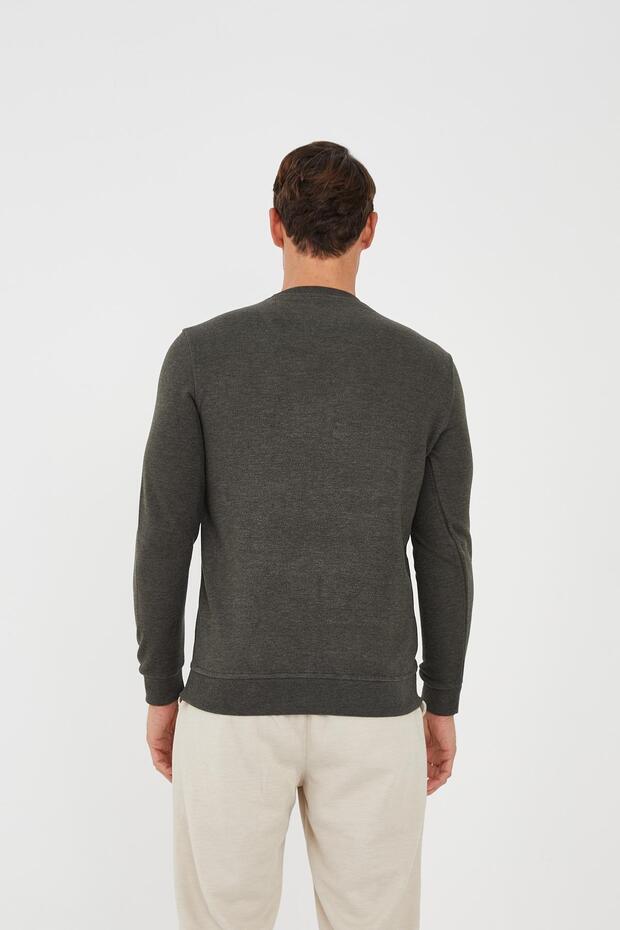 Men's Crew Neck Patterned Long Basic Sweatshirt Khaki - 5