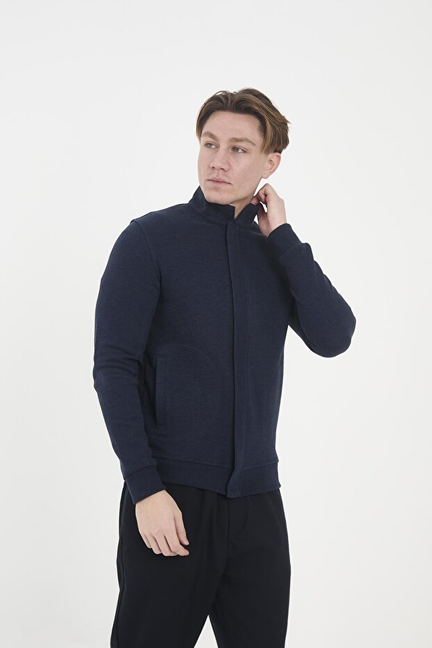 Erkek ArcticFlex Cep Detaylı Fermuarlı Basic Mavi Sweatshirt - 3
