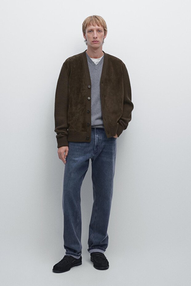 Yün ve deri karışımlı triko hırka - 1