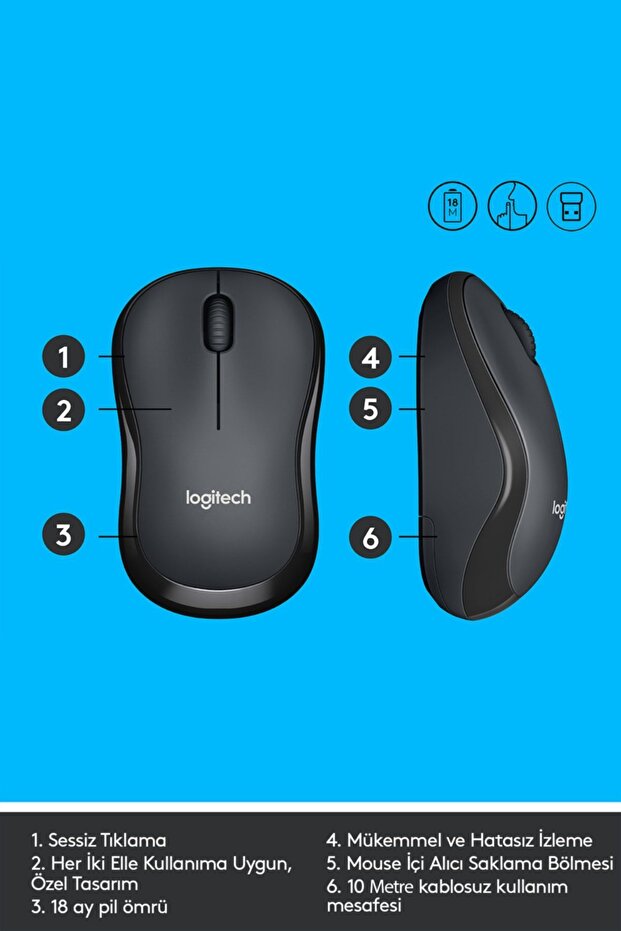 B220 Sessiz Kompakt Kablosuz Mouse Siyah 910-004881 - 6