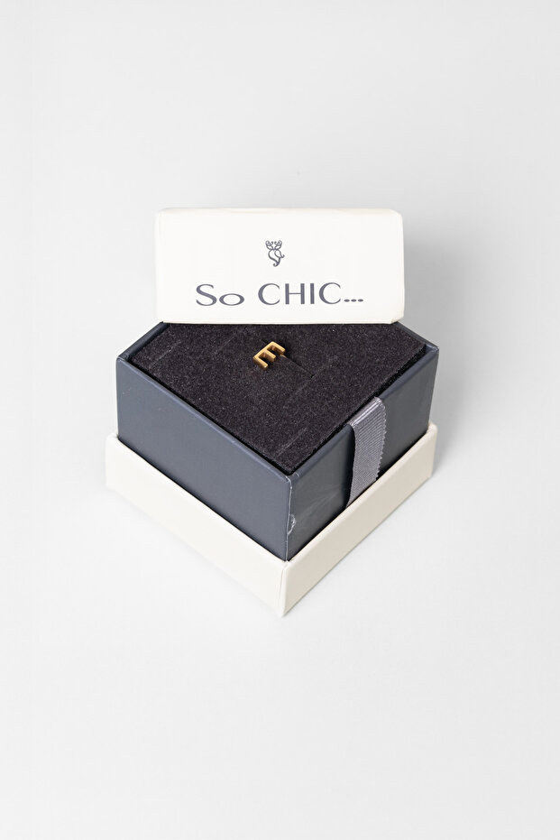 My Story E Harfi 18 Ayar Sarı Altın Kaplama Gümüş Tek Küpe - 4