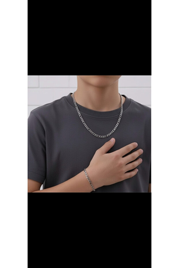 316 L Figaro Model Children's Antiallergic Chain Necklace Bracelet Set Steel Does Not Tarnish