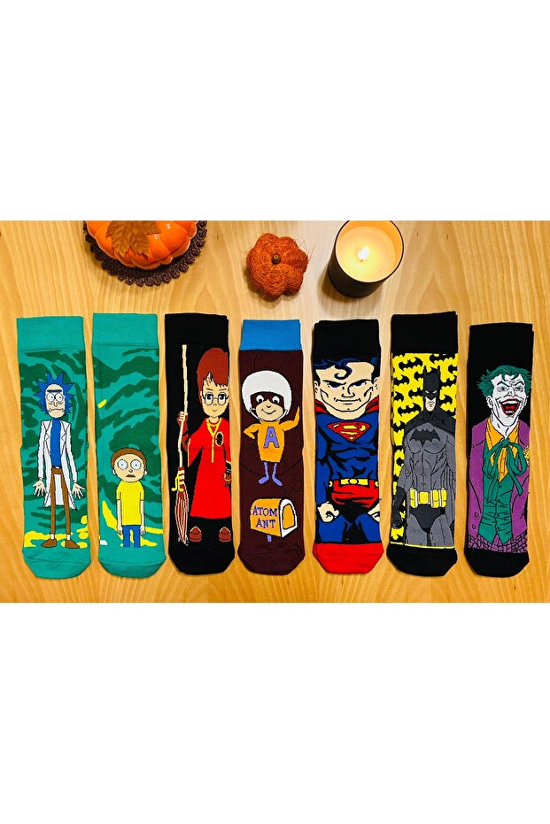 Set of 7! Cartoon Heroes Patterned Socks Unisex