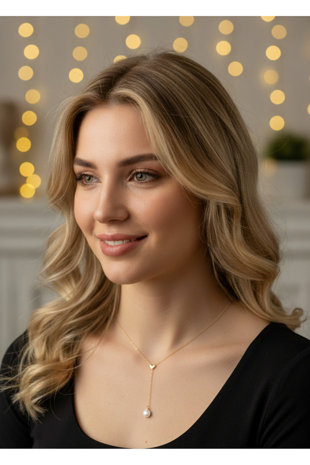 Pearl Detailed White Heart Y Necklace, Steel Necklace