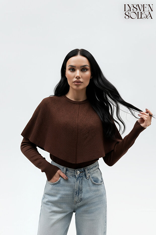 UZUN KOLLU, BİSİKLET YAKA, PANÇO DETAYLI, ÇELİK ÖRGÜ TRİKO REGULAR KALIP - 3