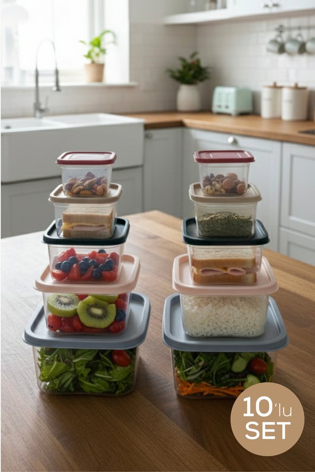 Set of 10 Square Storage Containers with Colored Lids – Kitchen Storage Box