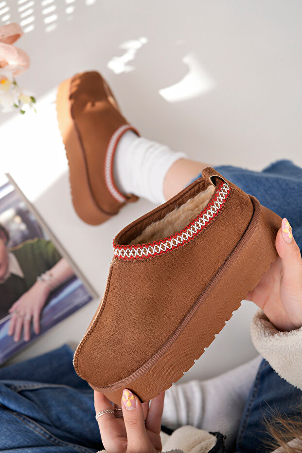 Women's Guaranteed Fur-Lined Lightweight High-Sole Mini Sabo House Slippers Tan