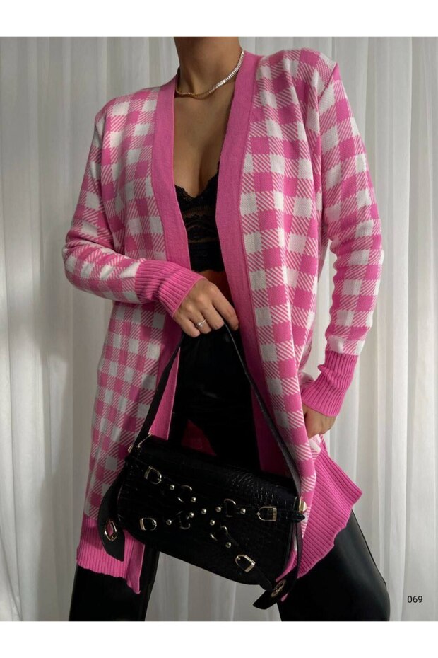 New Season Double Color Plaid Patterned Buttonless Knitwear Women's Long Cardigan 069