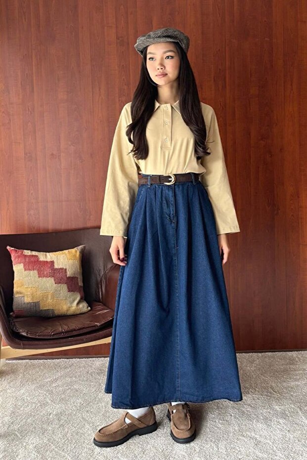 Kot Tek Düğmeli Etek - 1