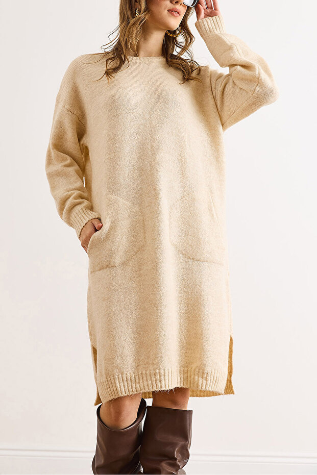 Kadın Ekru Kanguru Cepli Yırtmaçlı Triko Tunik Elbise ELB-19002550 - 5