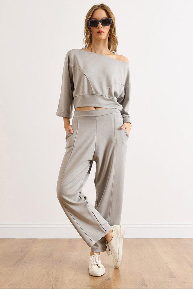 Women's Gray Stitching Detailed Modal Buttoned Top and Bottom Set Tkm-19000449
