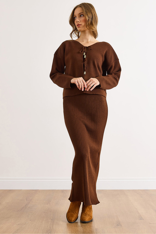 Women's Brown Top Cardigan Inner Dress Knitwear Set Tkm-19000456