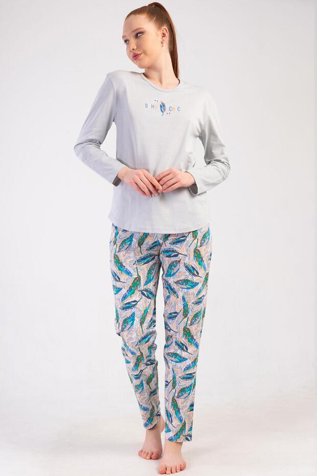 Women's Plus Size Gray Color Long Sleeve Crew Neck Patterned Pajama Set C9T7N0205