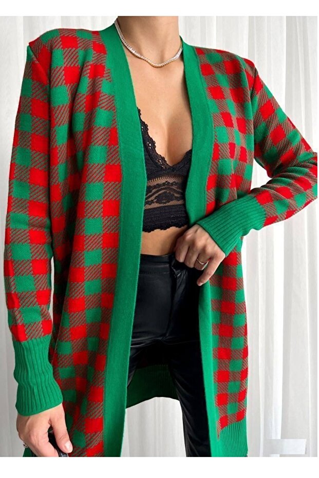 Plaid Patterned Green Red Knitwear Long Cardigan 069