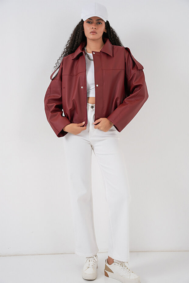 Kadın Oversize Deri Ceket 1055 - Kiremit - 2
