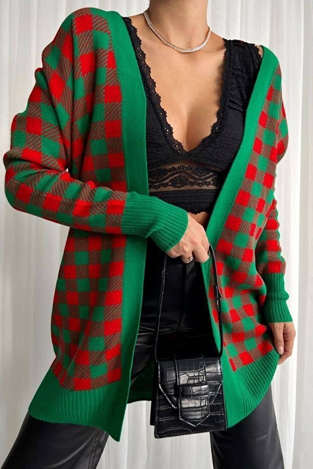 Women's Red Green Square Patterned Long Knit Cardigan 069