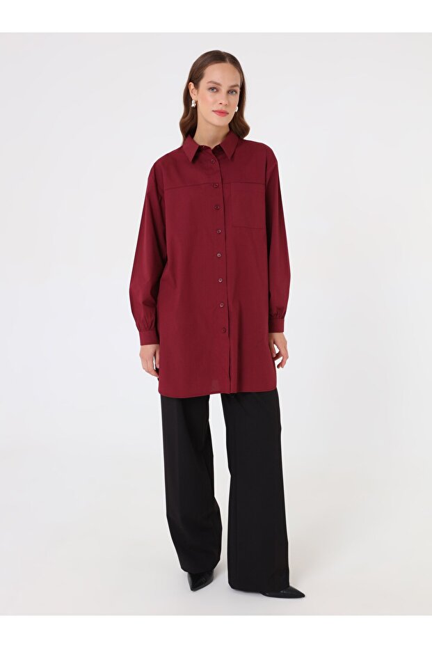 Poplin Kumaş Cep Detaylı Uzun Basic Bluz / Gömlek - Bordo - - 1