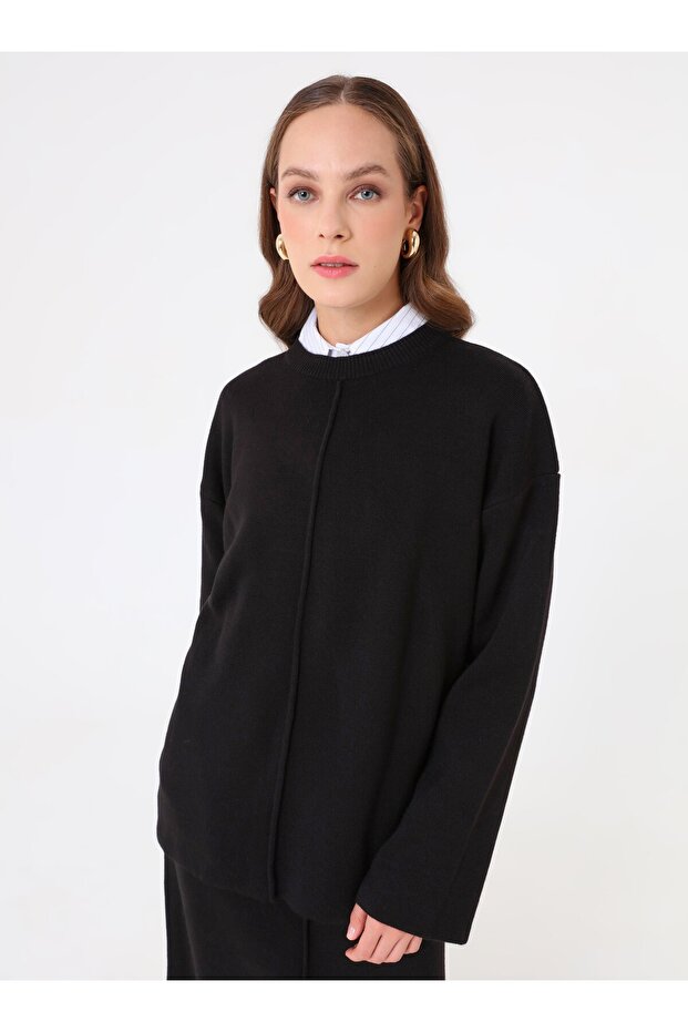 Tunic & Skirt Knitwear Set with Front Stitch Detail - Black -