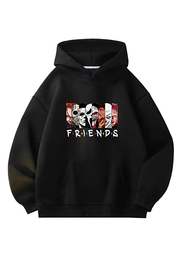 Friends Printed Kangaroo Pocket Hooded Black Color Sweatshirt