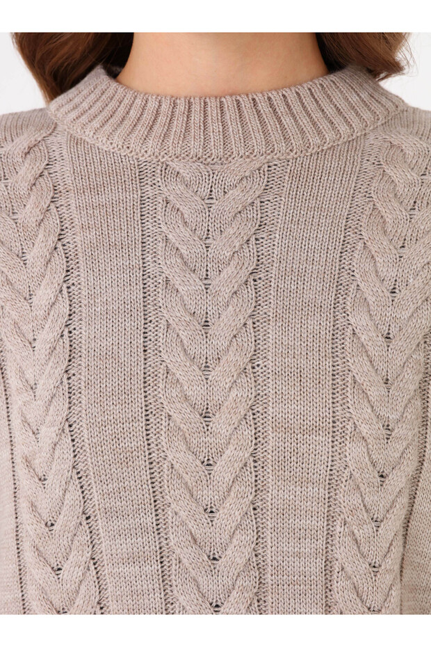 Saç Örgü Detaylı Basic Triko Kazak - Vizon - - 4