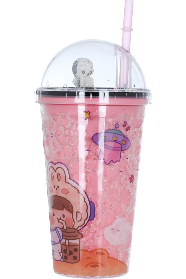 Colored Seif Su Plastic Juice Cup with Straw, 450 ml