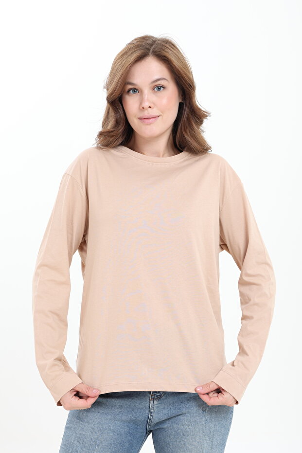 Beige 100% Organic Cotton Soft Textured Regular Fit Comfortable Cut Long Sleeve Crew Neck Combed Cotton T-Shirt