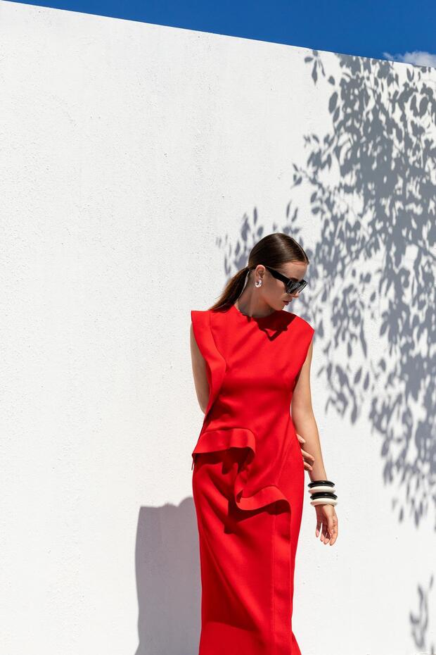 VOLANLI MİDİ ELBİSE 26W40809 - 2