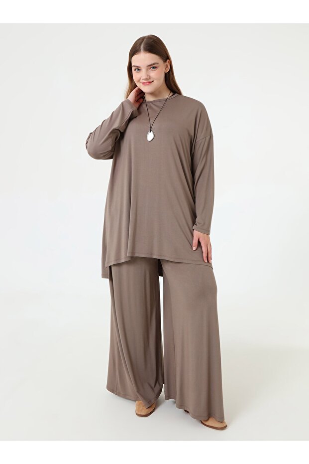 Natural Fabric Comfortable Fit Tunic & Pants Plus Size Set - Mink -