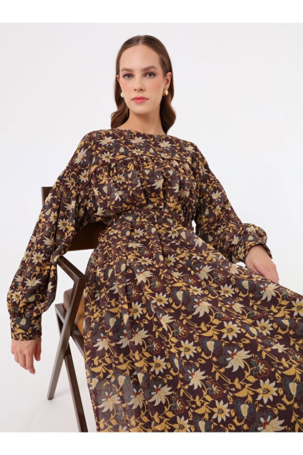 Roba Detailed Belted Yellow Floral Patterned Chiffon Hijab Dress -