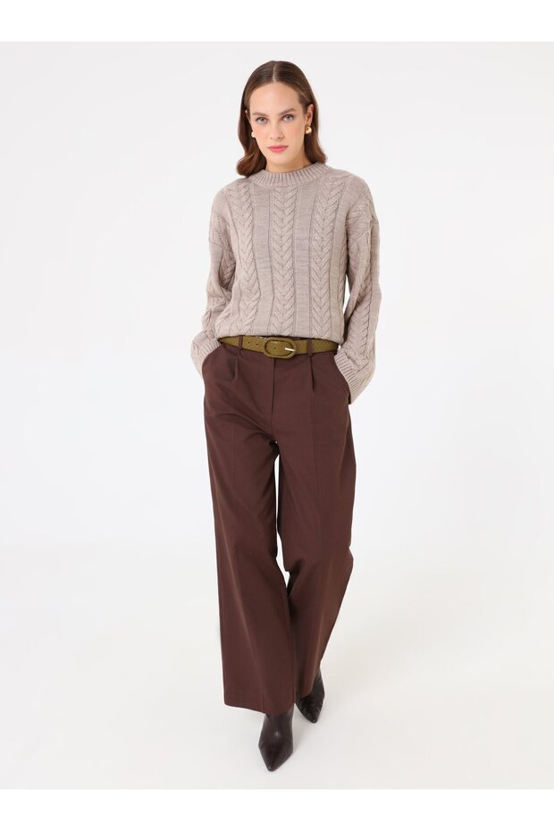 Saç Örgü Detaylı Basic Triko Kazak - Vizon - - 1