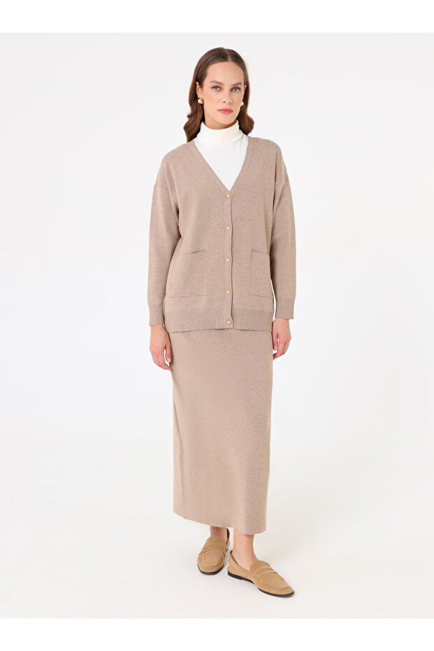 Soft Buttoned Pocket Detailed Cardigan & Skirt Knitwear Set - Mink -