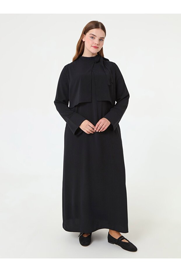 Stylish Plus Size Dress with Tie Detail - Black -