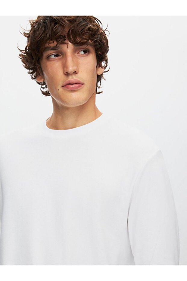 Long Sleeve Crew Neck Basic White Sweatshirt - 5