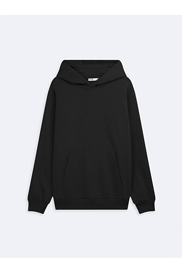 Uzun Kollu Kapüşonlu Basıc Siyah Sweatshırt - 2