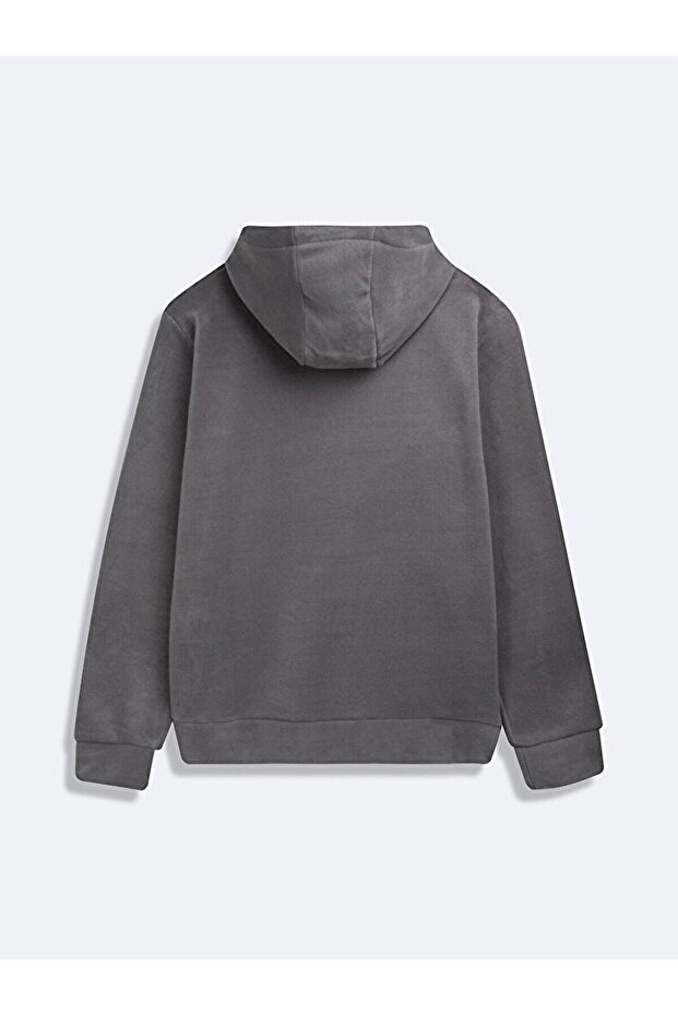 Fermuarlı Kapüşonlu Basıc Gri Sweatshırt - 3