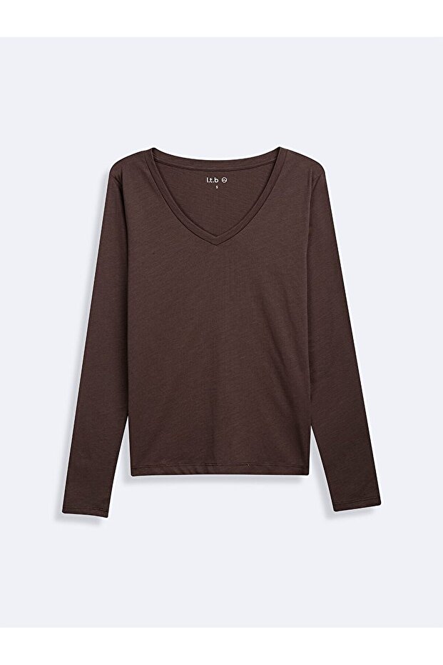 Long Sleeve V-Neck Basic Brown Sweatshirt - 1