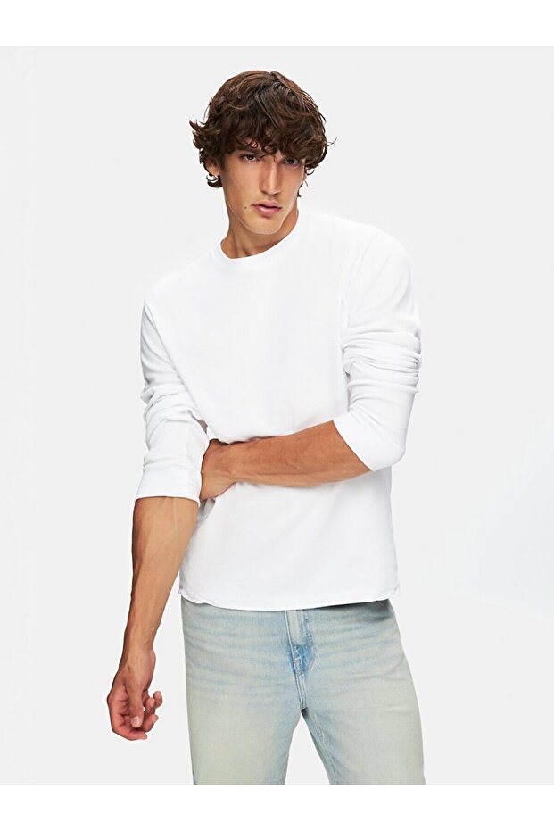 Long Sleeve Crew Neck Basic White Sweatshirt - 3