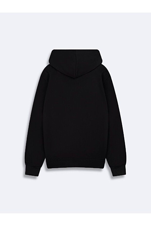Kapüşonlu Fermuarlı Cepli Basıc Siyah Sweatshırt - 2