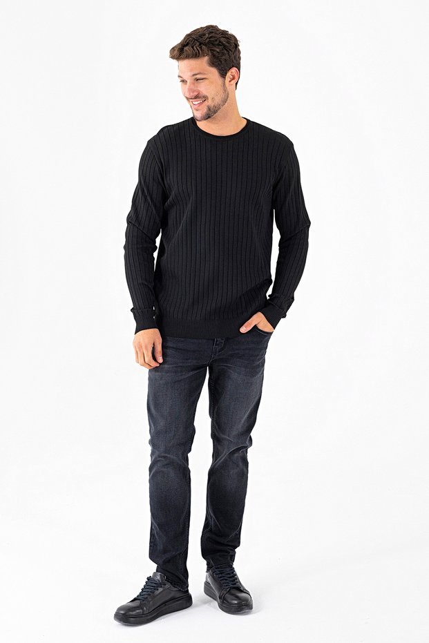 Men's Crew Neck Corded Fabric Knitwear Sweater Black - K-2602