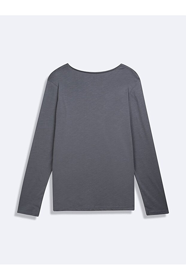 Long Sleeve V-Neck Buttoned Front Basic Gray Sweatshirt - 2