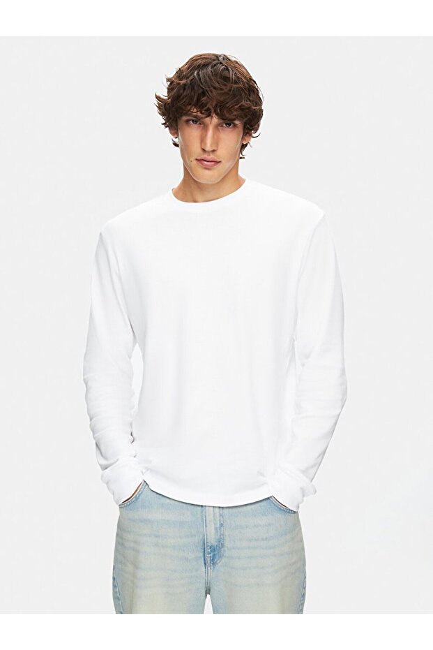 Long Sleeve Crew Neck Basic White Sweatshirt - 2