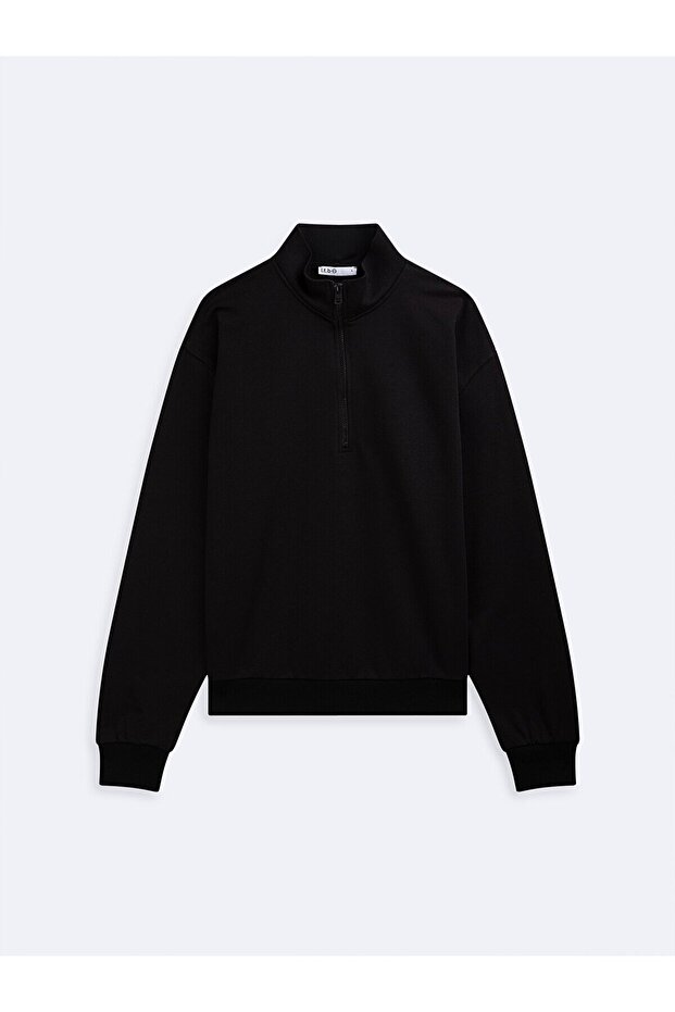 سترة رياضية سوداء أساسية بأكمام طويلة ونصف سحاب - 2