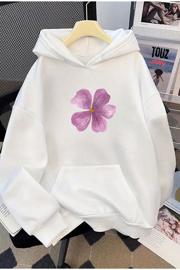 Flower Printed Kangaroo Pocket Hooded White Color Unisex Sweatshirt