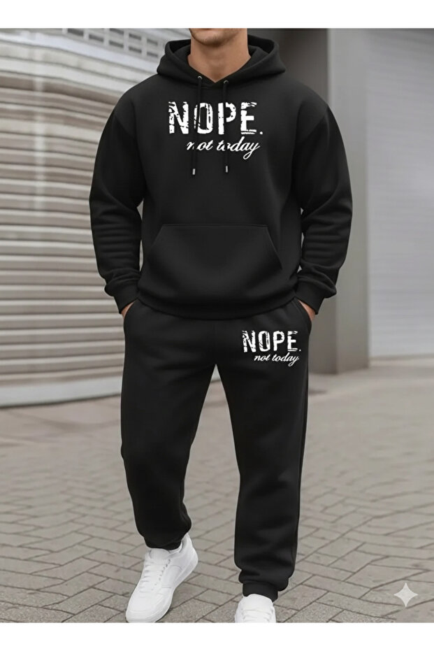 Men's Printed Bottom Top Hooded Black Tracksuit Set Oversized Boyfirend