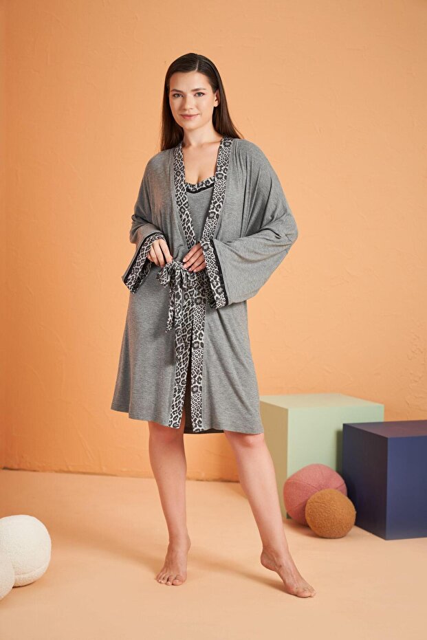 Women's Viscose Stretch Fabric 4-Season Fabric Long Sleeve Leopard Single Dressing Gown