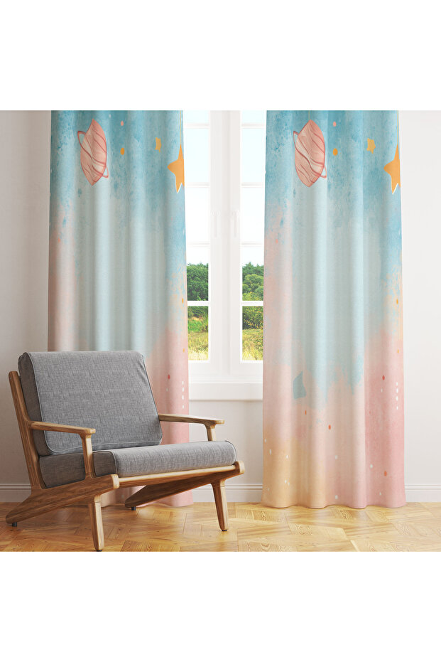 Space and Stars Patterned Children's Room Single Wing Background Curtain 140X260 cm