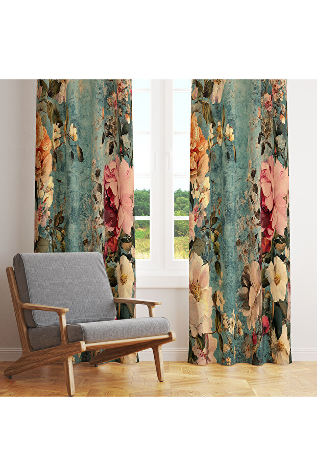 Vintage Blue Pink Rose Patterned 140X260 Single Wing Background Curtain