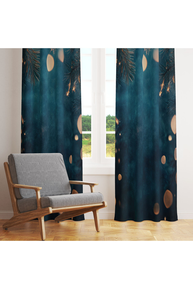 Petrol Blue Winter Pine Branch Bokeh 140X260 Single Panel Background Curtain - 1